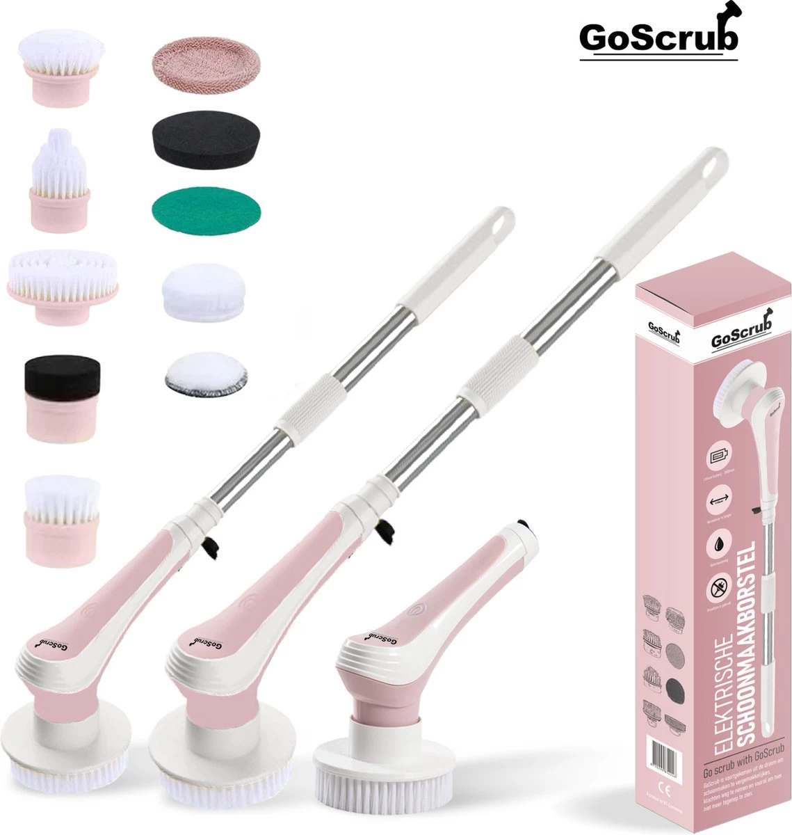 GoScrub® Elektrische Schoonmaakborstel – Elektrische Schrobber - Schrobborstel – Voor Badkamer Of Keuken – Schrobber Met Steel – Luiwagen – Polijstmachine - Roze 3 GoScrub® Elektrische Schoonmaakborstel – Elektrische Schrobber - Schrobborstel – Voor Badkamer Of Keuken – Schrobber Met Steel – Luiwagen – Polijstmachine - Roze