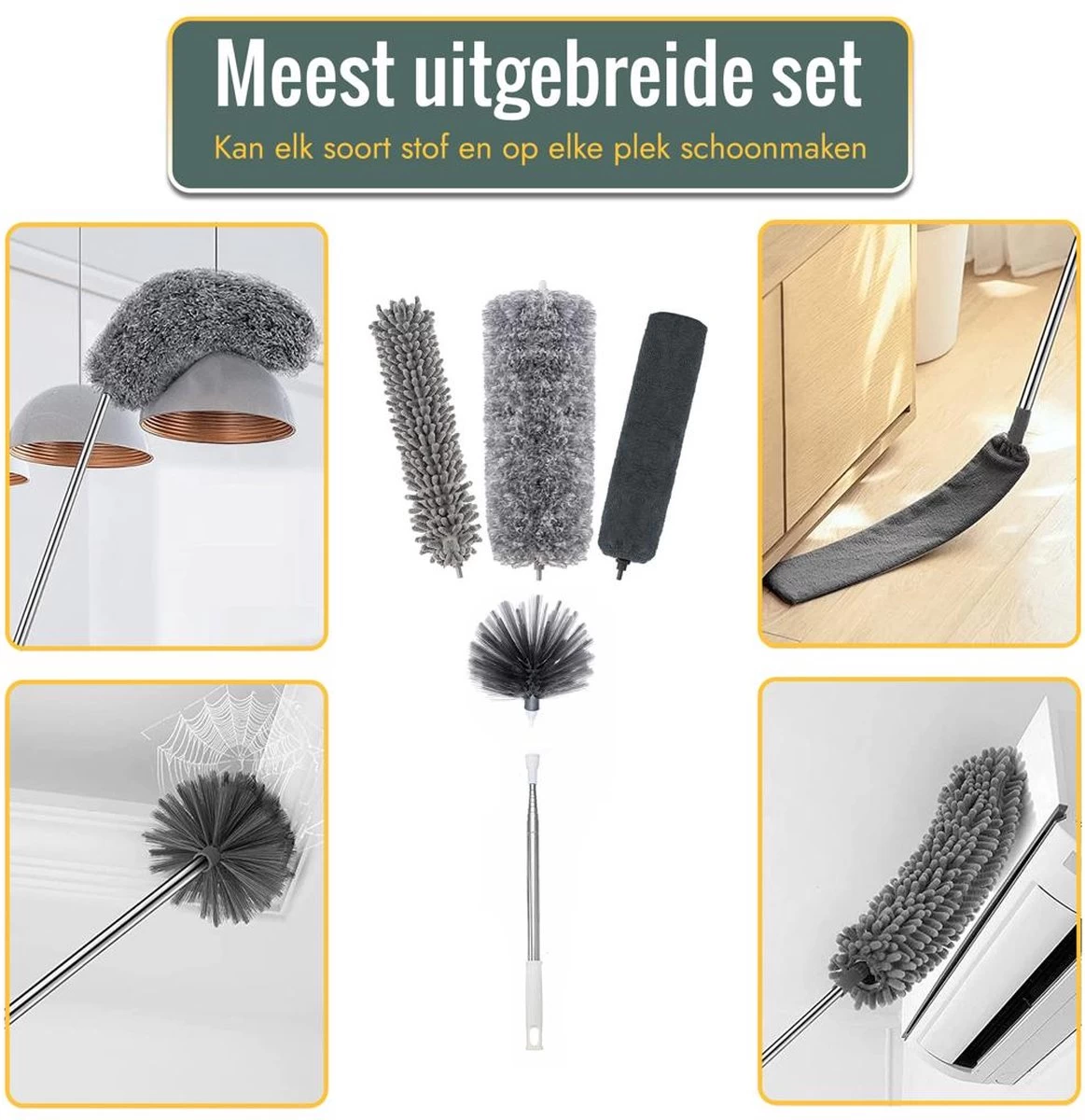 Livv Goods Telescopische Plumeau Set Met Telescoopsteel - 5 In 1 - Tot 250 Cm Uitschuifbaar - Duster - Stoffer 4 Livv Goods Telescopische Plumeau Set Met Telescoopsteel - 5 In 1 - Tot 250 Cm Uitschuifbaar - Duster - Stoffer - Afbeelding 2