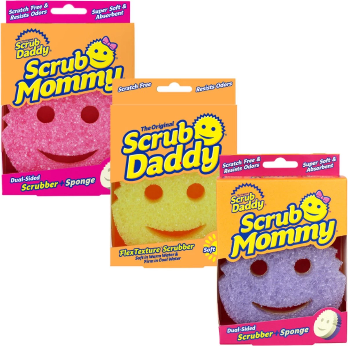 Scrub Daddy + 2 Scrub Mommy - 3 Kleuren - Schoonmaakspons 3 Scrub Daddy + 2 Scrub Mommy - 3 Kleuren - Schoonmaakspons