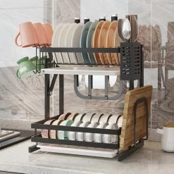 TammaT - Afdruiprek Met Lekbak 2 Laags – Inklapbaar - Afwasrek – Met 2 Lekbakken – Extra Accessories Voor Servies En Snijplanken - RVS - 38x35x26,5cm -Schoonmaakproducten Winkel 1200x1200 814