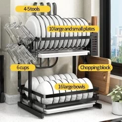 TammaT - Afdruiprek Met Lekbak 2 Laags – Inklapbaar - Afwasrek – Met 2 Lekbakken – Extra Accessories Voor Servies En Snijplanken - RVS - 38x35x26,5cm -Schoonmaakproducten Winkel 1200x1200 816