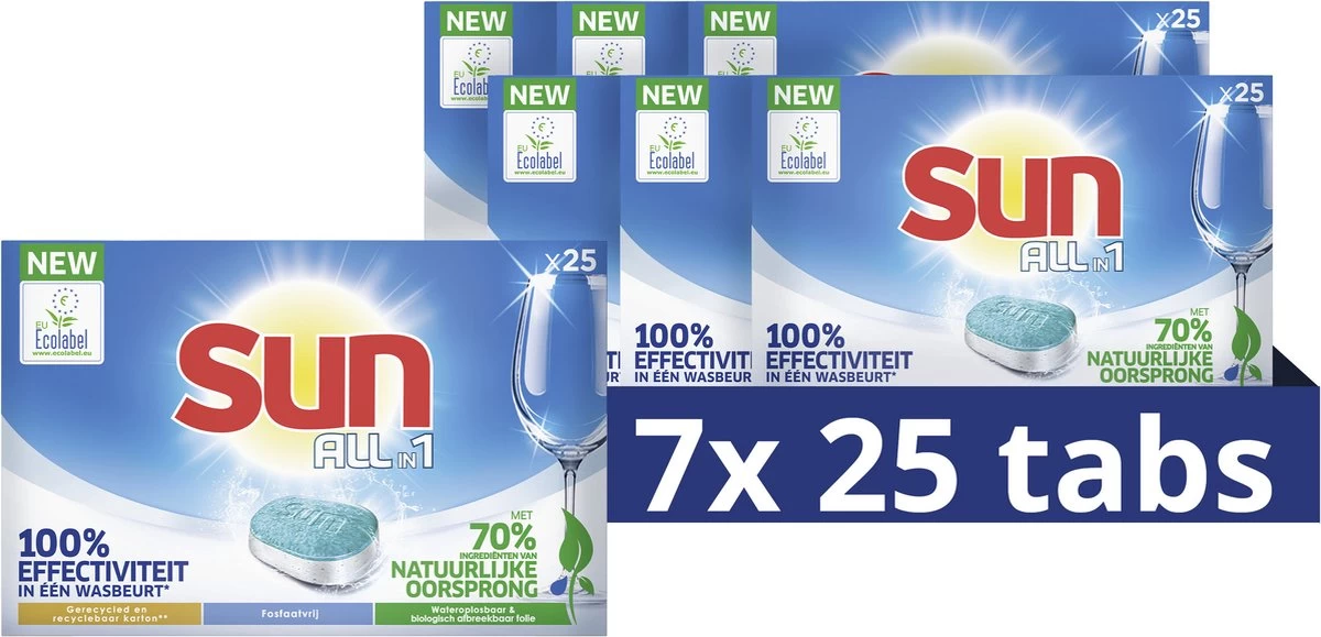 SUN® Sun All-in-1 Normaal Vaatwastabletten - 7 X 25 Tabletten - Voordeelverpakking 3 SUN® Sun All-in-1 Normaal Vaatwastabletten - 7 X 25 Tabletten - Voordeelverpakking