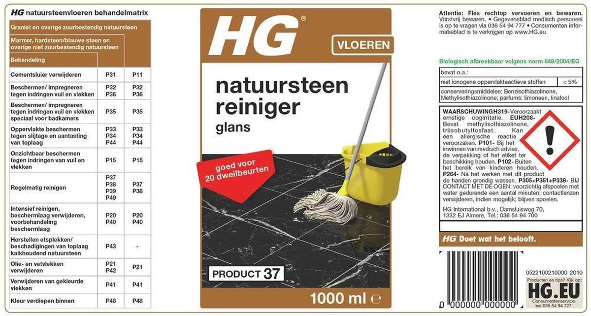 HG Natuursteenreiniger Glans (product 37) - 1L - Voor Regelmatig Gebruik Van Marmer En Kalkhoudend Natuursteen 5 HG Natuursteenreiniger Glans (product 37) - 1L - Voor Regelmatig Gebruik Van Marmer En Kalkhoudend Natuursteen - Afbeelding 3