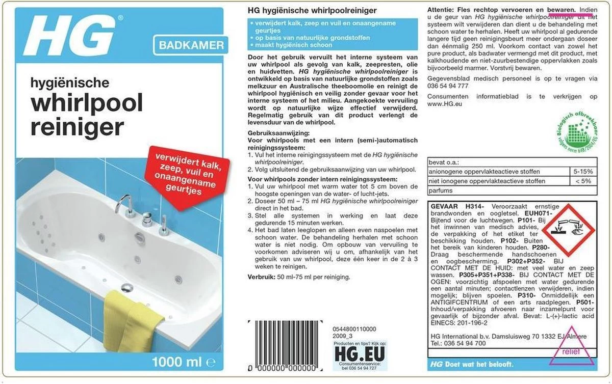 HG Hygiënische Whirlpool Reiniger - 1L - Verwijdert Kalk, Vet, Zeep En Olie - Veilig In Gebruik Voor Whirlpool En Jacuzzi's 4 HG Hygiënische Whirlpool Reiniger - 1L - Verwijdert Kalk, Vet, Zeep En Olie - Veilig In Gebruik Voor Whirlpool En Jacuzzi's - Afbeelding 2