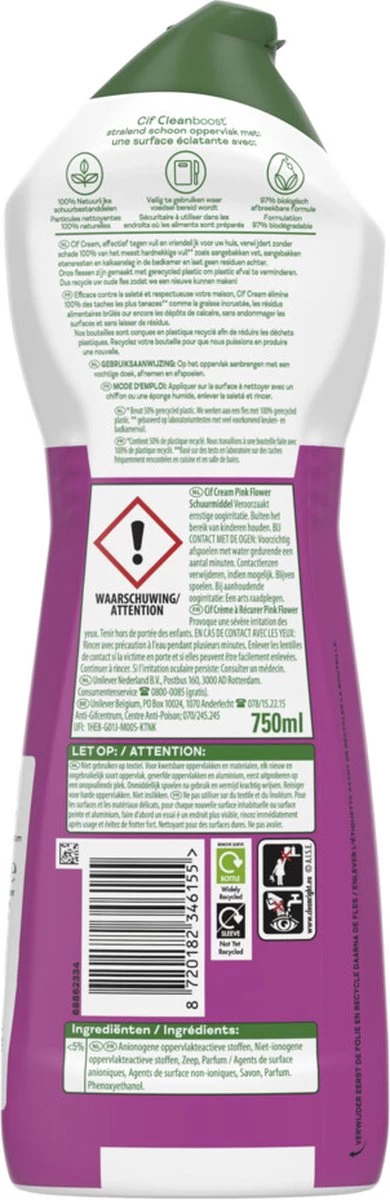 Cif CleanBoost Cream Pink Schuurmiddel - 8 X 750 Ml - Voordeelverpakking 11 Cif CleanBoost Cream Pink Schuurmiddel - 8 X 750 Ml - Voordeelverpakking - Afbeelding 9
